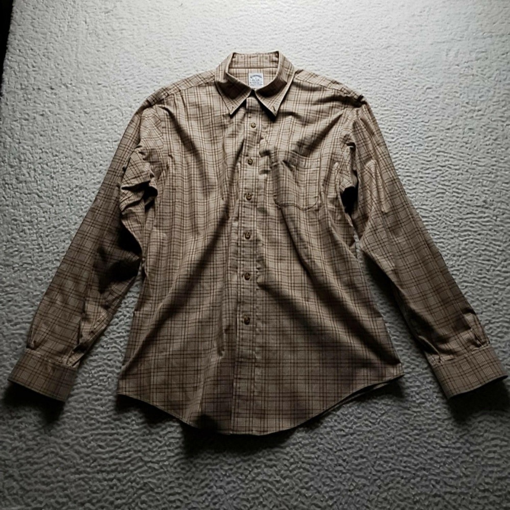 Brooks Brothers Dress Shirt Mens L Beige Plaid Slim Fit Non Iron Stretch LS